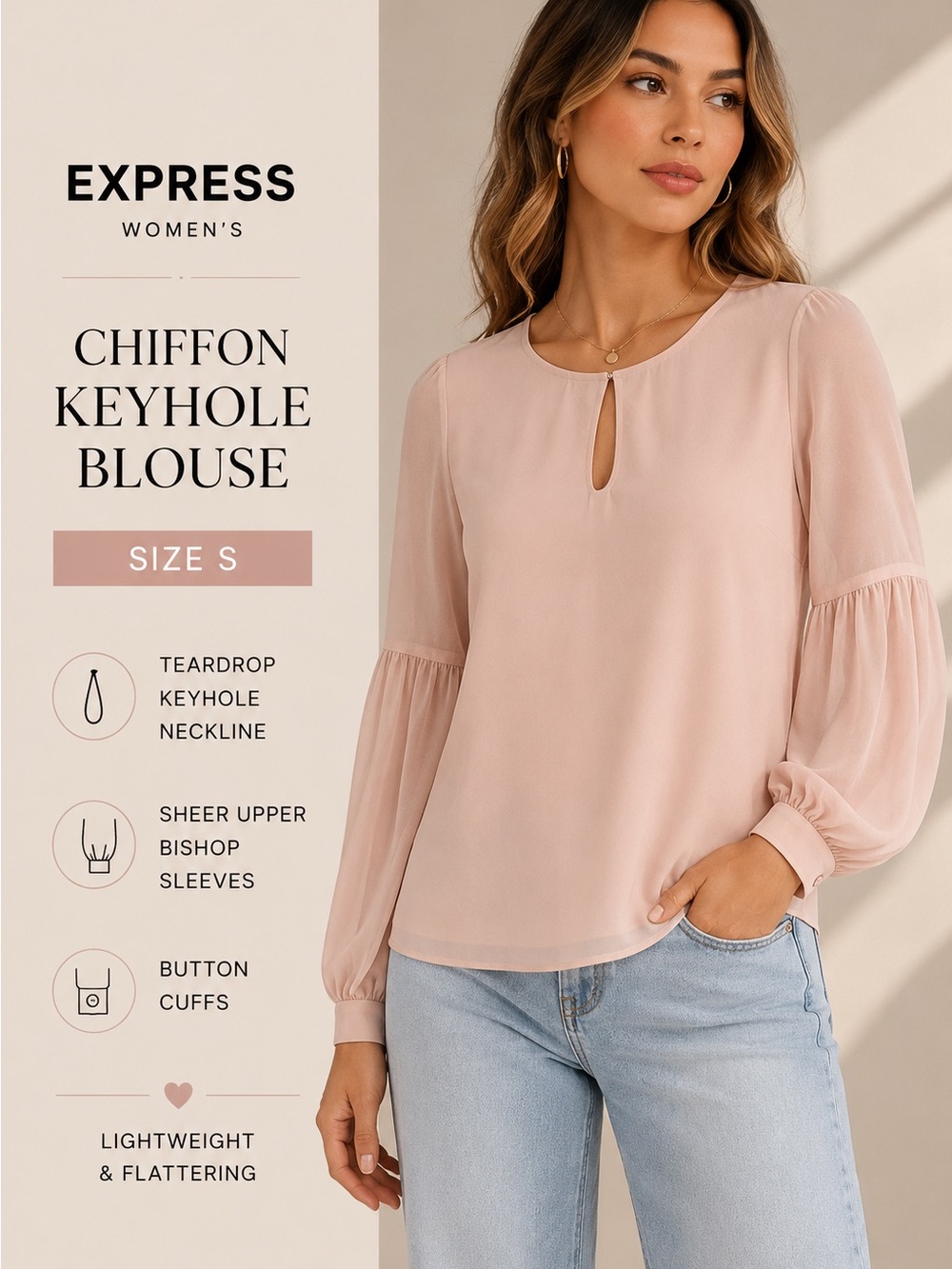 Express Blush Pink Chiffon Keyhole Bishop Sleeve Blouse Size S